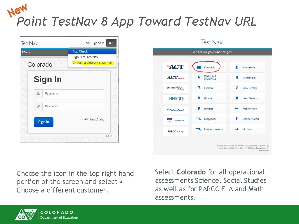 w e N Point Test. Nav 8 App Toward Test. Nav URL Choose the