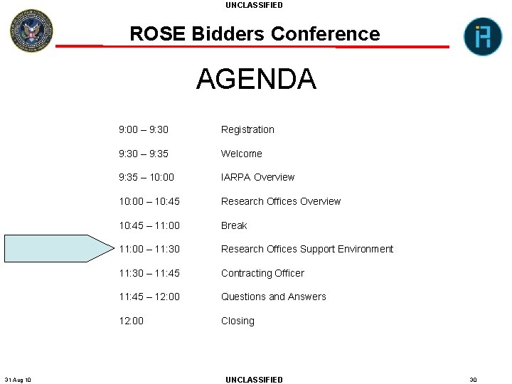 UNCLASSIFIED ROSE Bidders Conference AGENDA 31 Aug 10 9: 00 – 9: 30 Registration