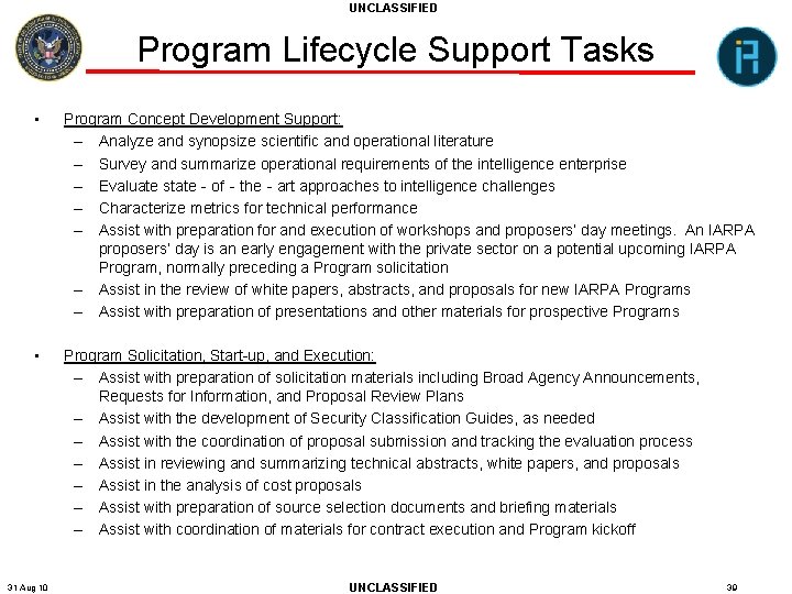 UNCLASSIFIED Program Lifecycle Support Tasks • Program Concept Development Support: – Analyze and synopsize