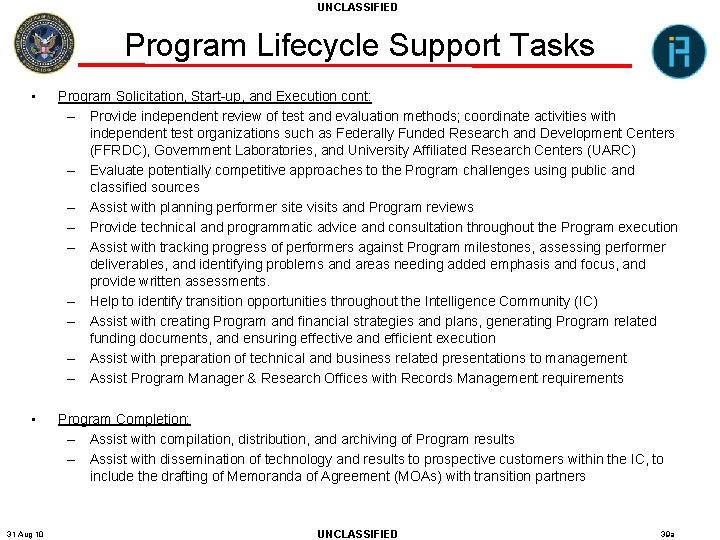 UNCLASSIFIED Program Lifecycle Support Tasks • Program Solicitation, Start-up, and Execution cont: – Provide