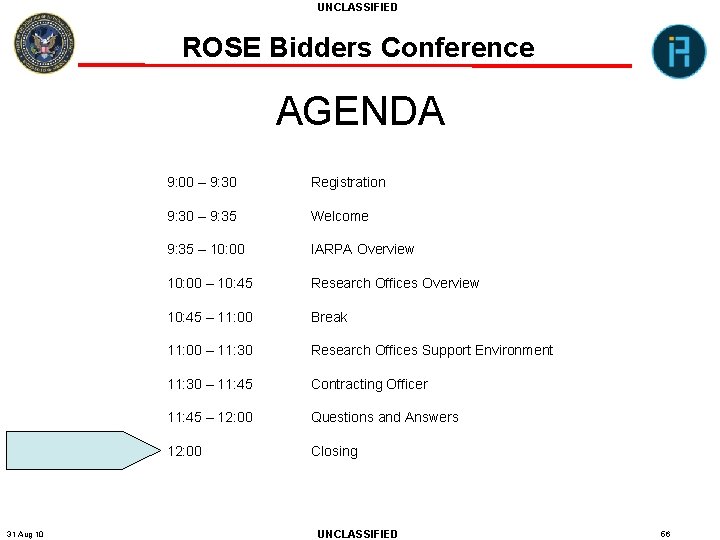 UNCLASSIFIED ROSE Bidders Conference AGENDA 31 Aug 10 9: 00 – 9: 30 Registration