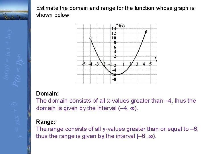 Estimate the domain and range for the function whose graph is shown below. Domain: