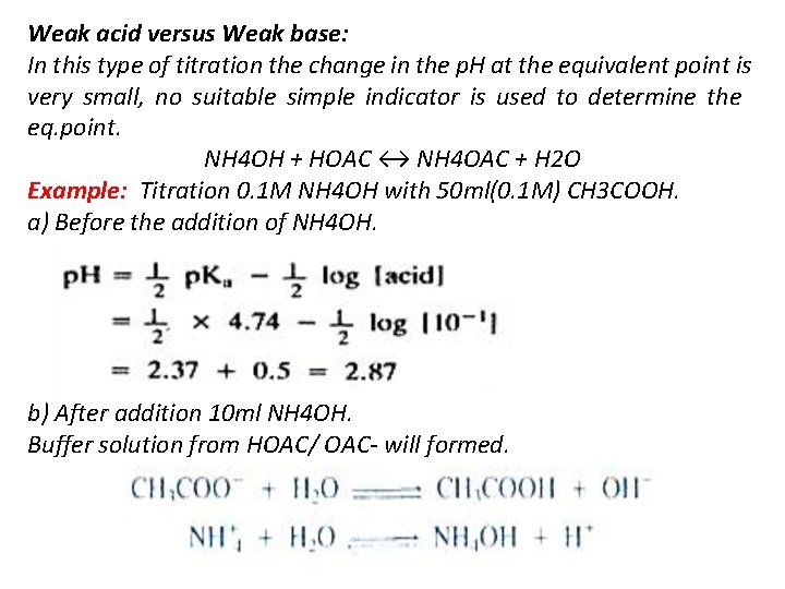 Weak acid versus Weak base: In this type of titration the change in the