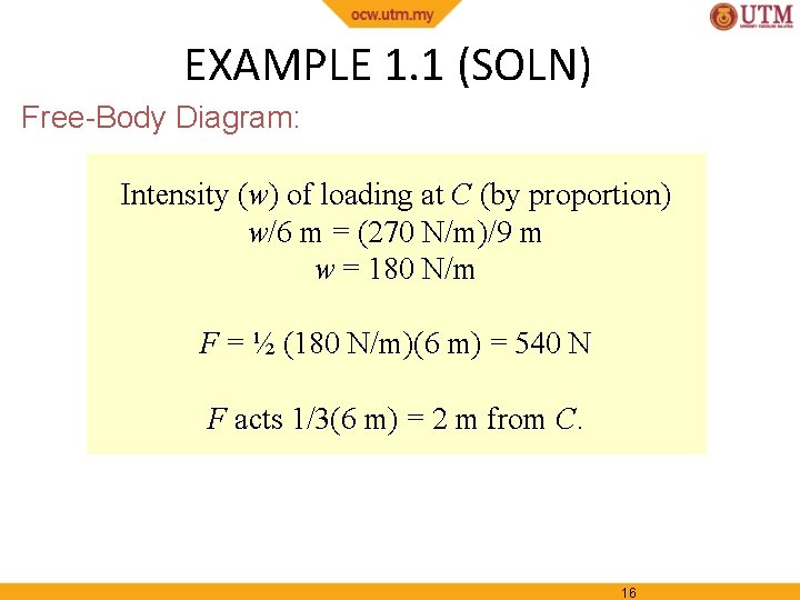 EXAMPLE 1. 1 (SOLN) Free-Body Diagram: Intensity (w) of loading at C (by proportion)