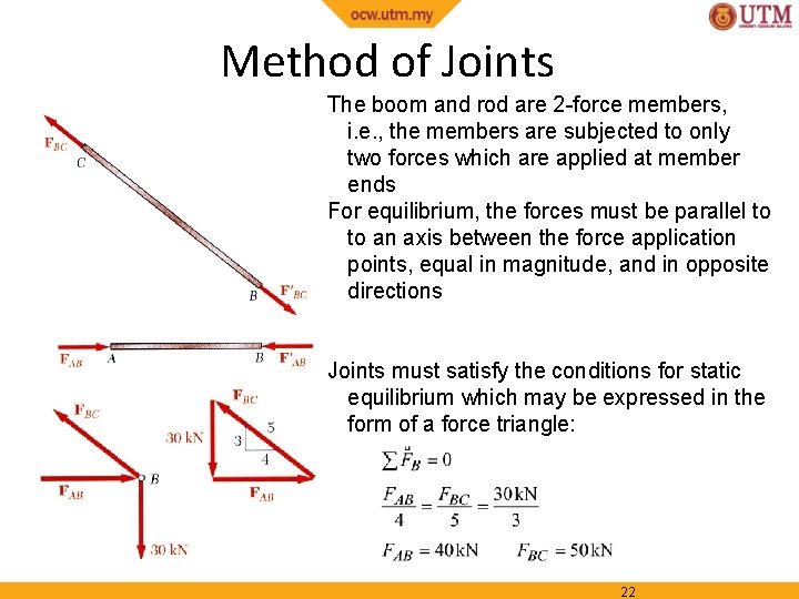 Method of Joints The boom and rod are 2 -force members, i. e. ,