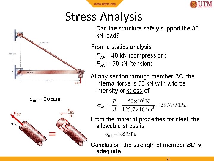 Stress Analysis Can the structure safely support the 30 k. N load? From a