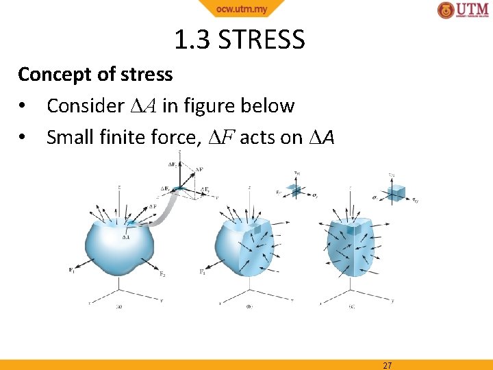 1. 3 STRESS Concept of stress • Consider ΔA in figure below • Small