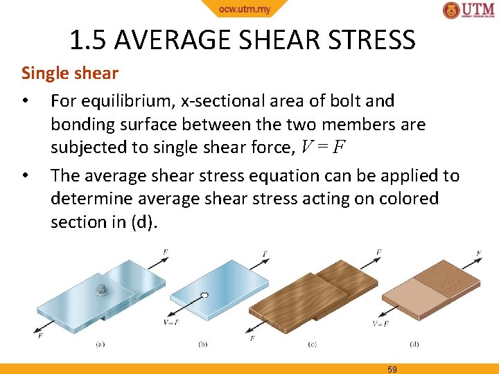 1. 5 AVERAGE SHEAR STRESS Single shear • For equilibrium, x-sectional area of bolt