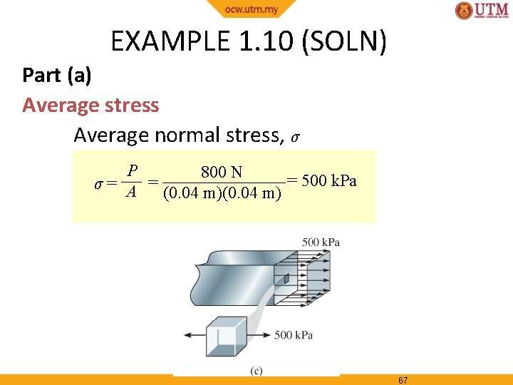 EXAMPLE 1. 10 (SOLN) Part (a) Average stress Average normal stress, σ P 800