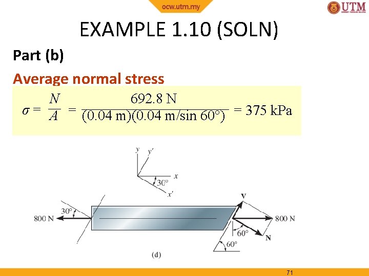 EXAMPLE 1. 10 (SOLN) Part (b) Average normal stress N 692. 8 N σ