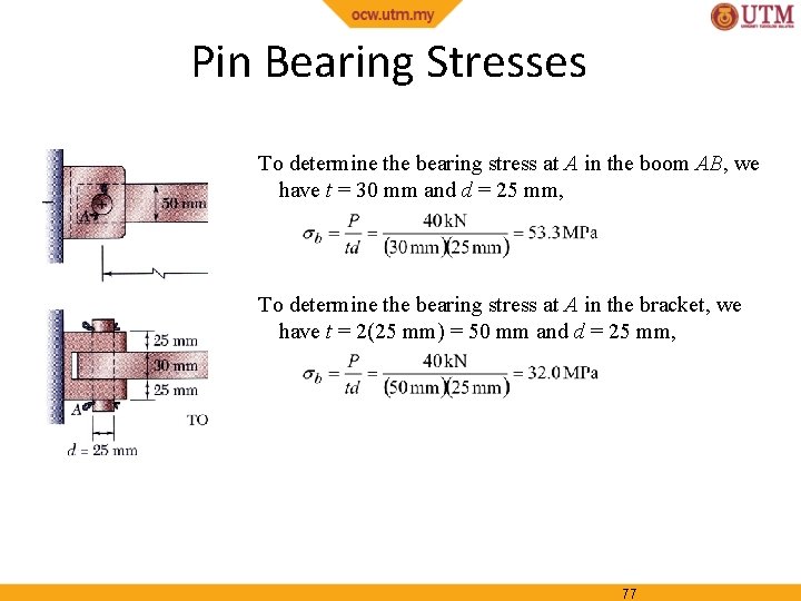 Pin Bearing Stresses To determine the bearing stress at A in the boom AB,