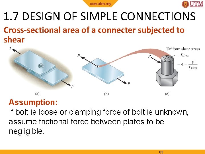 1. 7 DESIGN OF SIMPLE CONNECTIONS Cross-sectional area of a connecter subjected to shear