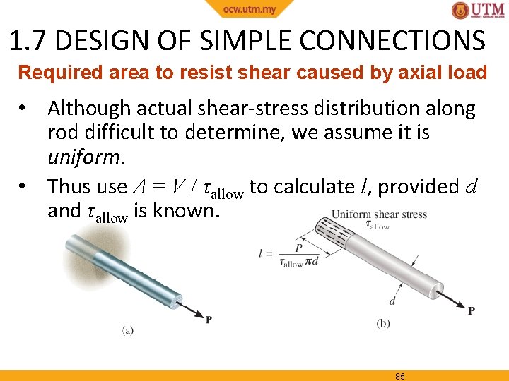 1. 7 DESIGN OF SIMPLE CONNECTIONS Required area to resist shear caused by axial