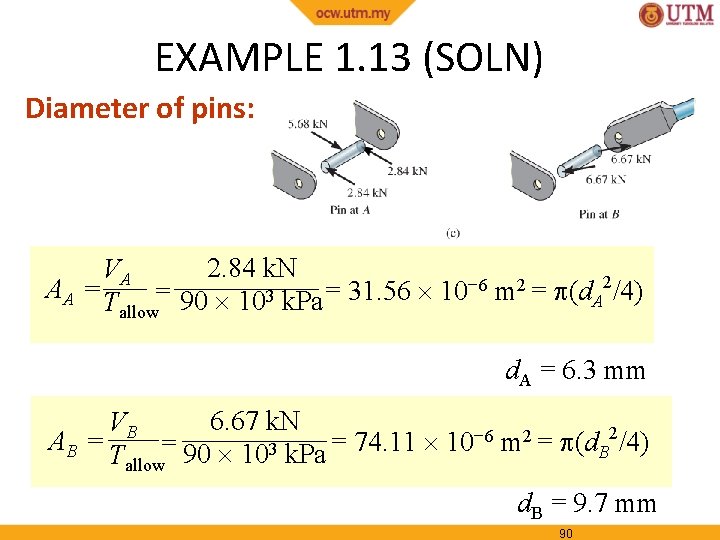 EXAMPLE 1. 13 (SOLN) Diameter of pins: 2. 84 k. N VA AA =