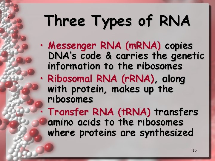 . Three Types of RNA • Messenger RNA (m. RNA) copies DNA’s code & . Three Types of RNA • Messenger RNA (m. RNA) copies DNA’s code &