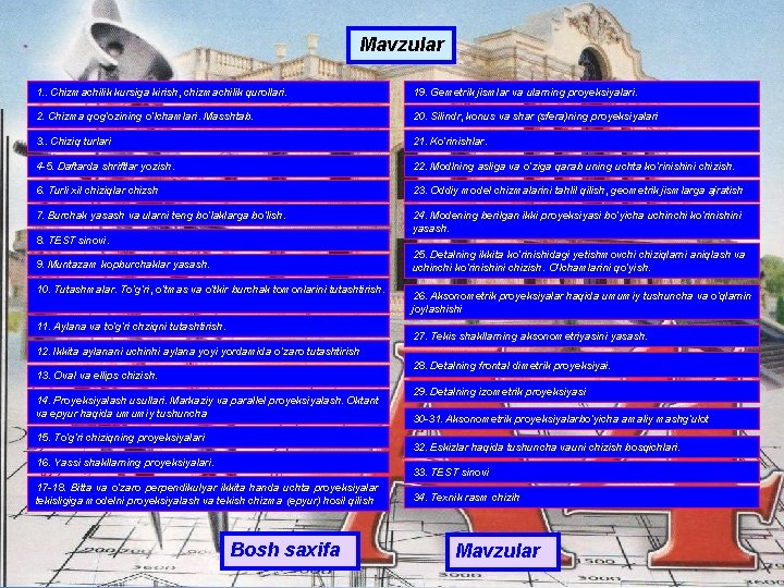 Mavzular 1. . Chizmachilik kursiga kirish, chizmachilik qurollari. 19. Gemetrik jismlar va ularning proyeksiyalari.