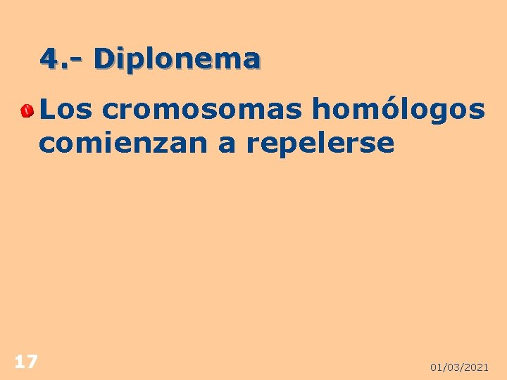 4. - Diplonema Los cromosomas homólogos comienzan a repelerse 17 01/03/2021 