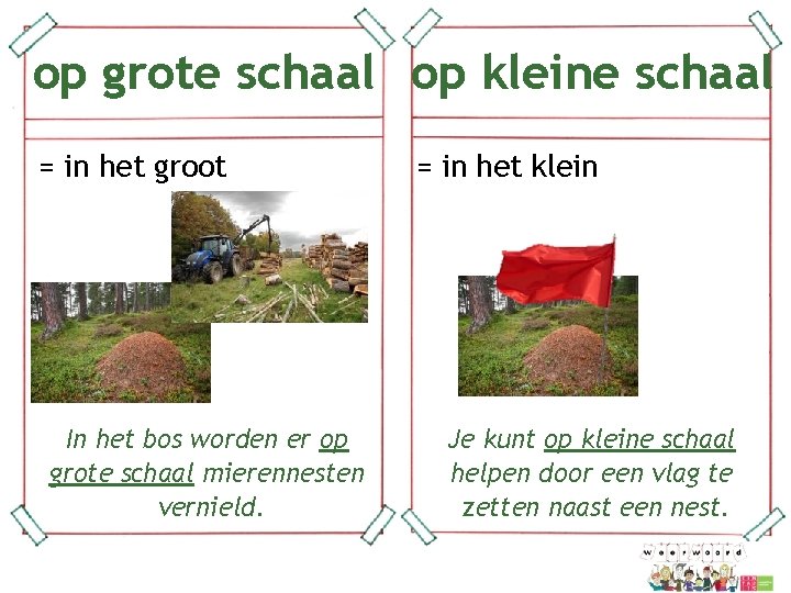 op grote schaal op kleine schaal = in het groot = in het klein