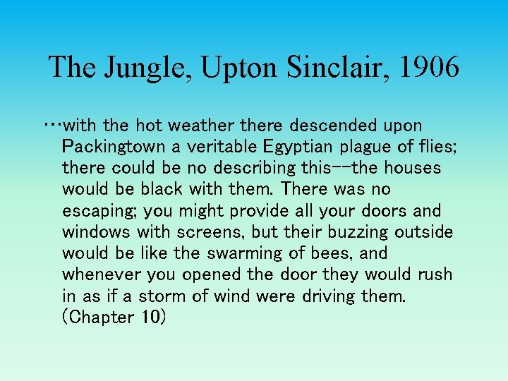 The Jungle, Upton Sinclair, 1906 …with the hot weathere descended upon Packingtown a veritable