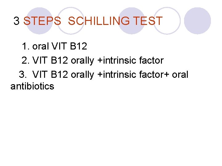 3 STEPS SCHILLING TEST 1. oral VIT B 12 2. VIT B 12 orally
