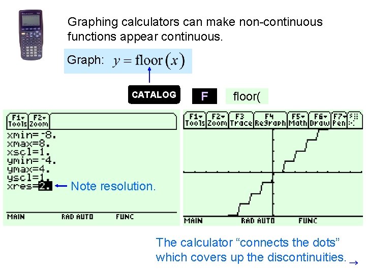 Graphing calculators can make non-continuous functions appear continuous. Graph: CATALOG F floor( Note resolution.