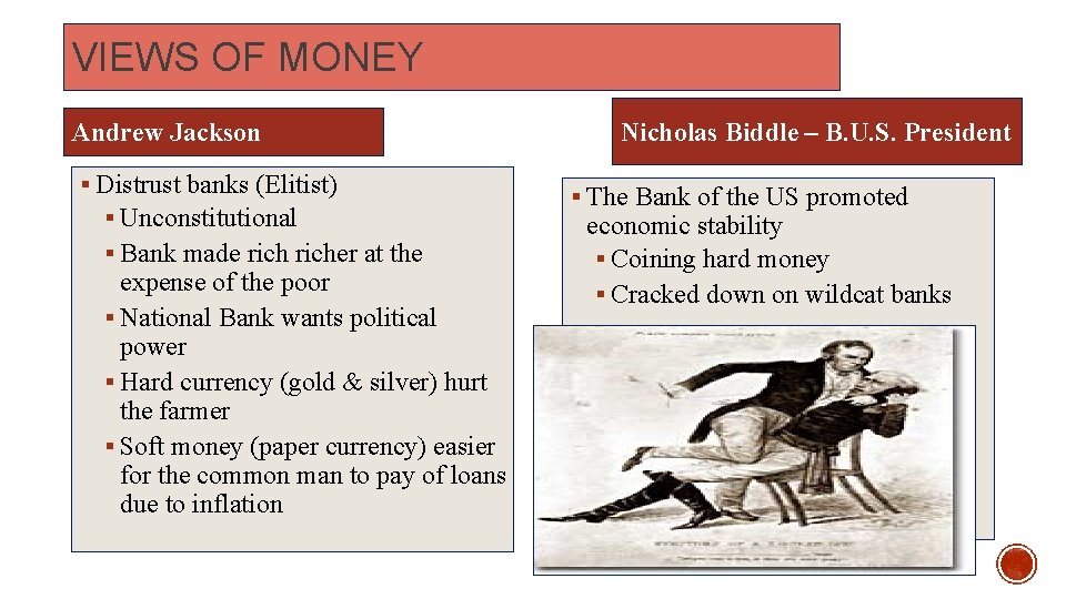 VIEWS OF MONEY Andrew Jackson § Distrust banks (Elitist) § Unconstitutional § Bank made