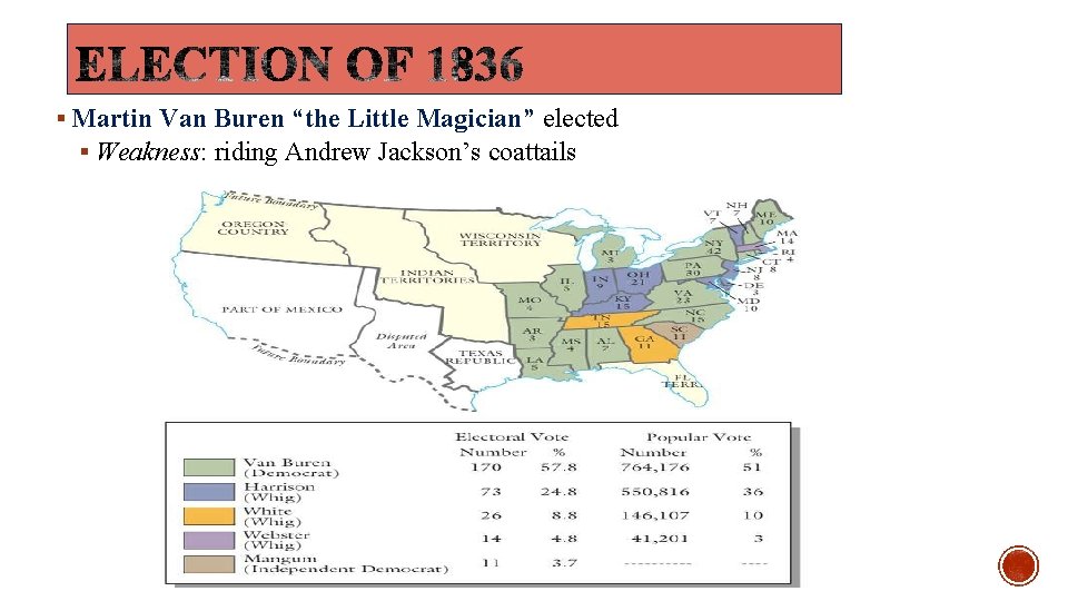 § Martin Van Buren “the Little Magician” elected § Weakness: riding Andrew Jackson’s coattails