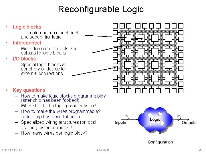 Reconfigurable Logic • Logic blocks – To implement combinational and sequential logic • Interconnect