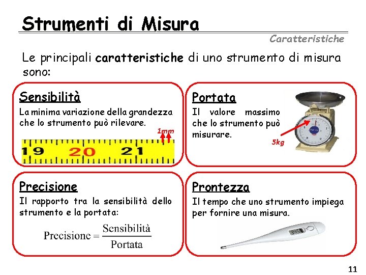 Strumenti di Misura Caratteristiche Le principali caratteristiche di uno strumento di misura sono: Sensibilità