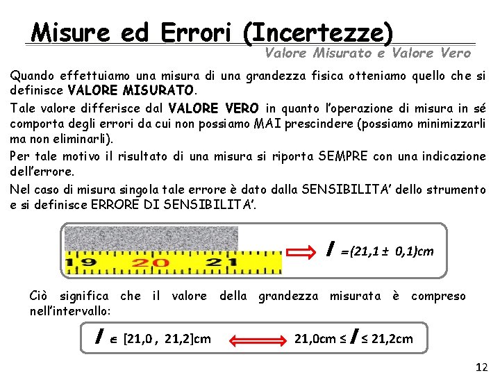 Misure ed Errori (Incertezze) Valore Misurato e Valore Vero Quando effettuiamo una misura di