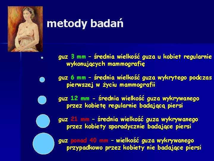 metody badań guz 3 mm – średnia wielkość guza u kobiet regularnie wykonujących mammografię