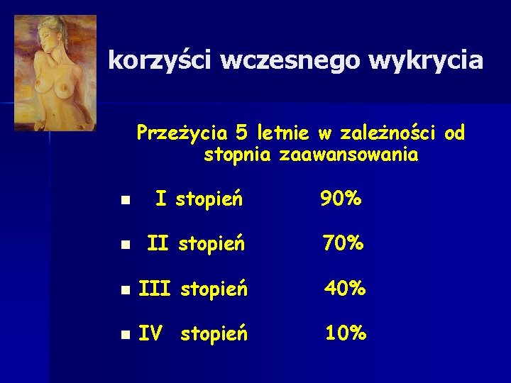 korzyści wczesnego wykrycia Przeżycia 5 letnie w zależności od stopnia zaawansowania n I stopień