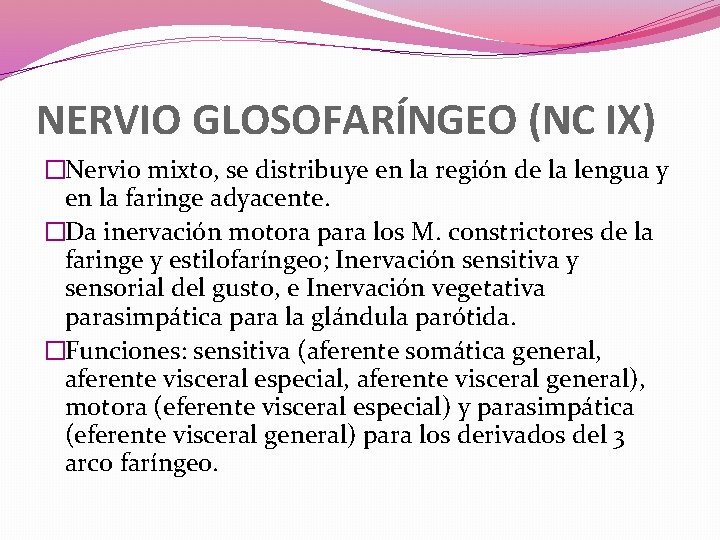 NERVIO GLOSOFARÍNGEO (NC IX) �Nervio mixto, se distribuye en la región de la lengua