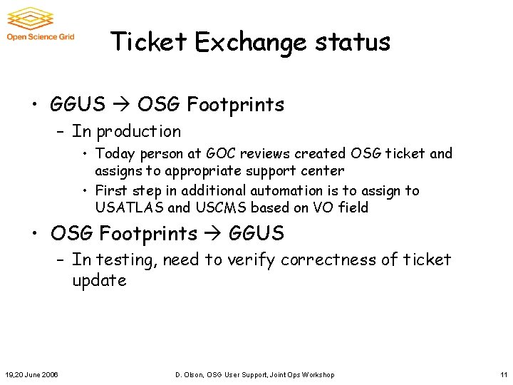 Ticket Exchange status • GGUS OSG Footprints – In production • Today person at