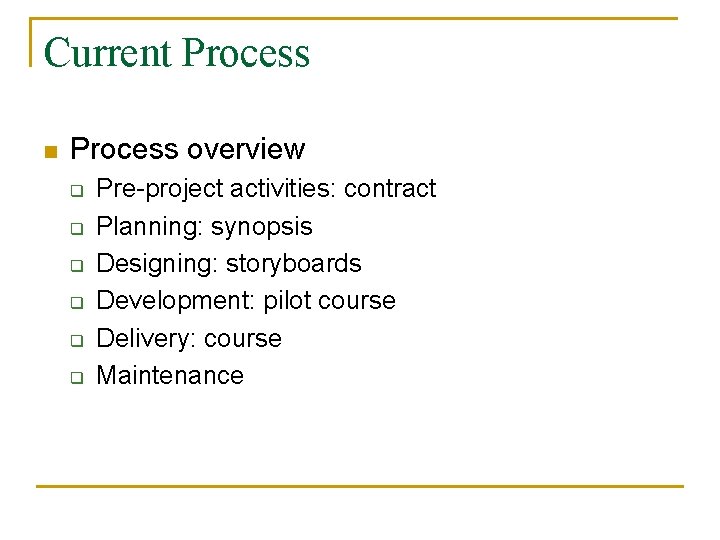 Current Process n Process overview q q q Pre-project activities: contract Planning: synopsis Designing: