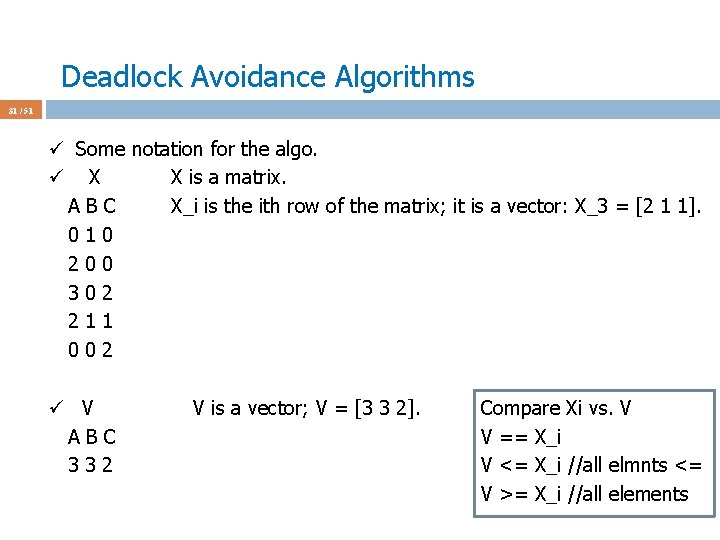 Deadlock Avoidance Algorithms 31 / 51 ü Some notation for the algo. ü X