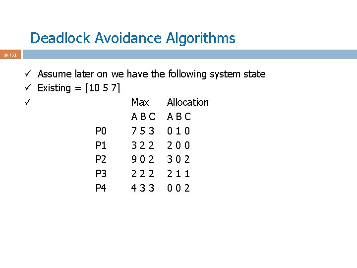 Deadlock Avoidance Algorithms 35 / 51 ü Assume later on we have the following