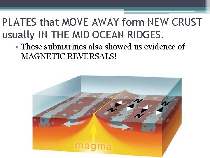 PLATES that MOVE AWAY form NEW CRUST usually IN THE MID OCEAN RIDGES. •