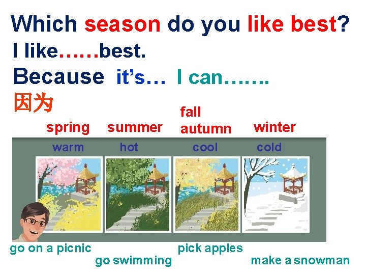 Which season do you like best? I like……best. Because it’s… I can……. 因为 fall