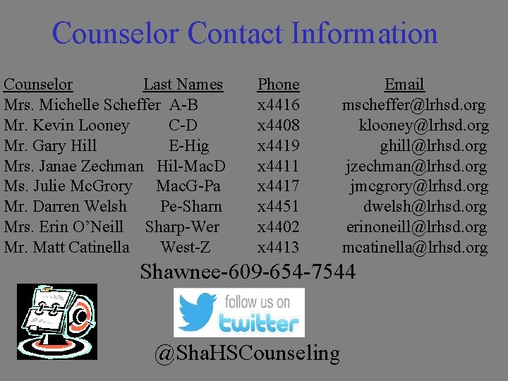 Counselor Contact Information Counselor Last Names Mrs. Michelle Scheffer A-B Mr. Kevin Looney C-D