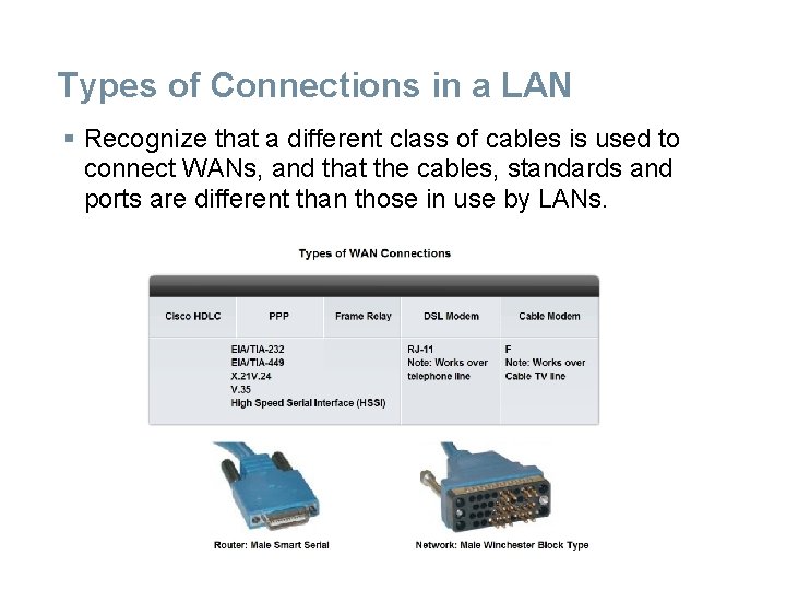 Types of Connections in a LAN § Recognize that a different class of cables