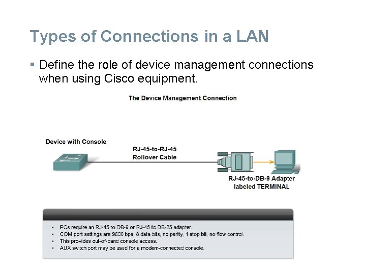 Types of Connections in a LAN § Define the role of device management connections