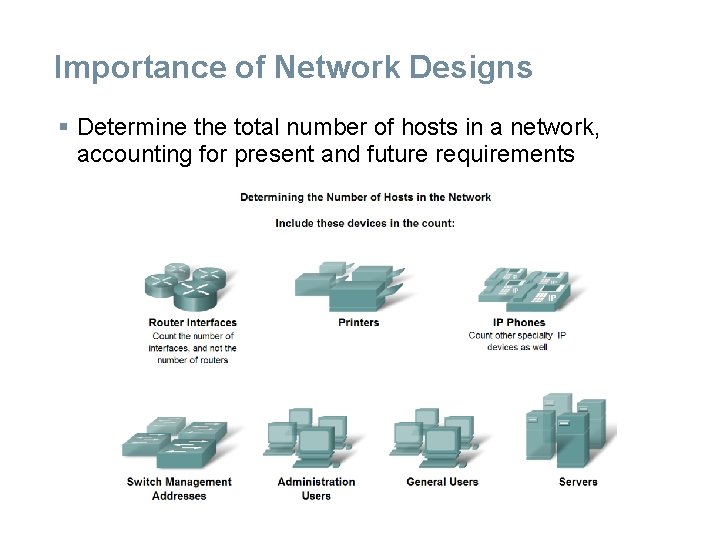 Importance of Network Designs § Determine the total number of hosts in a network,