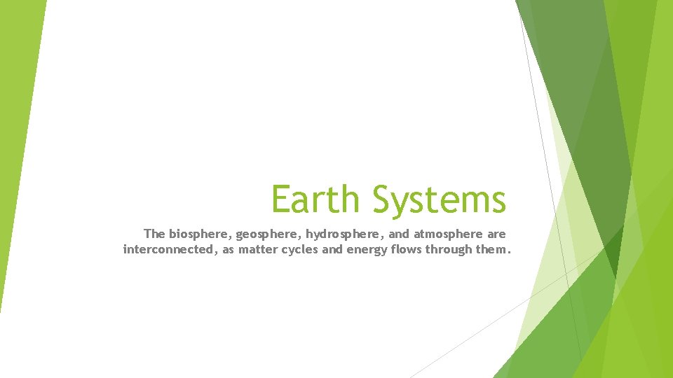 Earth Systems The biosphere, geosphere, hydrosphere, and atmosphere are interconnected, as matter cycles and