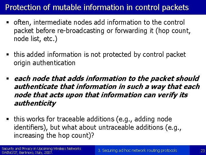 Protection of mutable information in control packets § often, intermediate nodes add information to