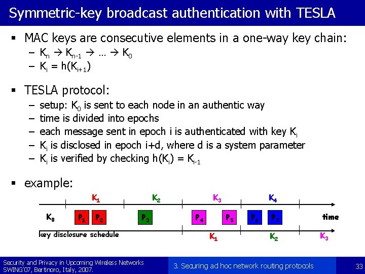 Symmetric-key broadcast authentication with TESLA § MAC keys are consecutive elements in a one-way