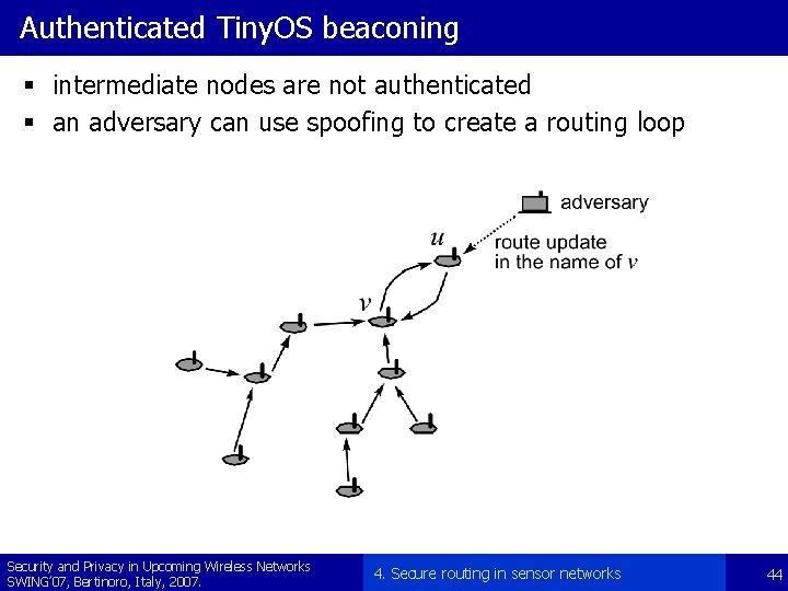 Authenticated Tiny. OS beaconing § intermediate nodes are not authenticated § an adversary can