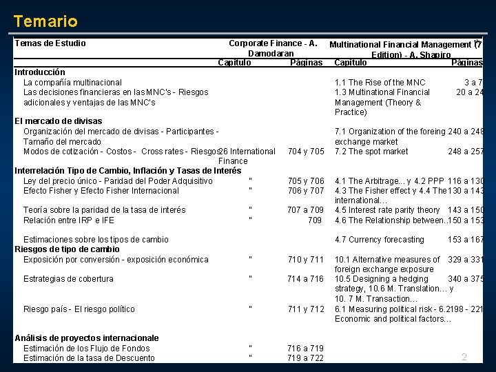 Temario Temas de Estudio th Corporate Finance - A. Multinational Financial Management (7 Damodaran