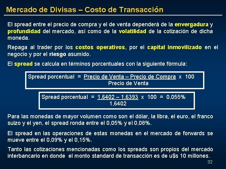 Mercado de Divisas – Costo de Transacción El spread entre el precio de compra