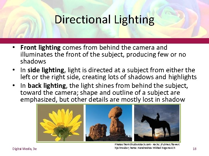 Directional Lighting • Front lighting comes from behind the camera and illuminates the front Directional Lighting • Front lighting comes from behind the camera and illuminates the front